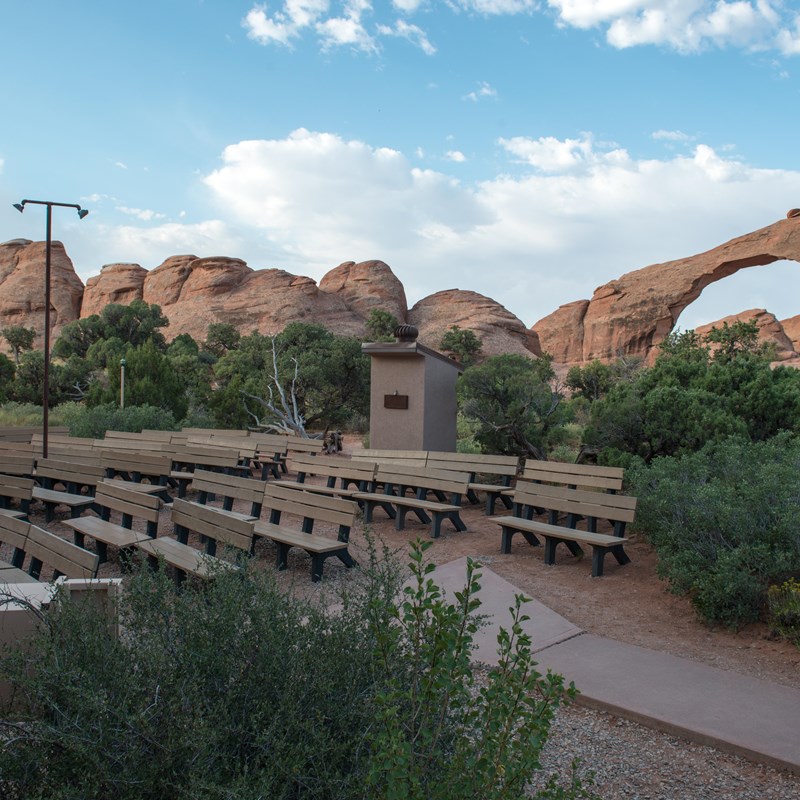 The campground amphitheater at Devils Garden sits in the shadow of Skyline Arch NPS / Chris Wonderly